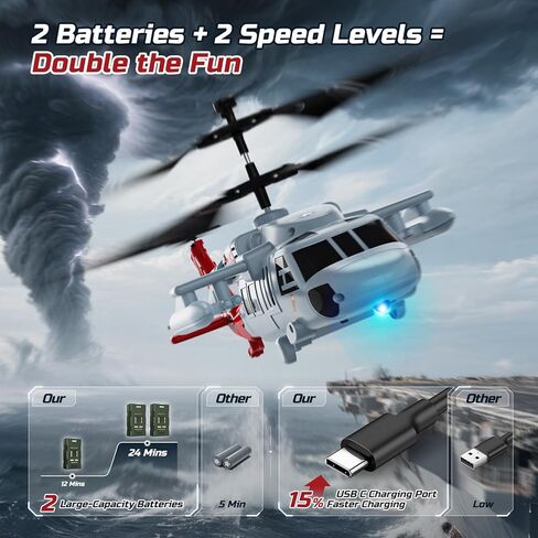 DEERC Black Hawk RC Helicopter، 2.4 جيجا هرتز طائرة هليكوبتر للتحكم عن بعد مع بطاريتين، رحلة 26 دقيقة، لعبة هليكوبتر داخلية للأطفال البالغين، إقلاع بمفتاح واحد، إضاءة LED، تثبيت الارتفاع، هدية طيران للأولاد 8-12 in Kuwait