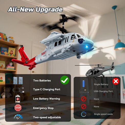 DEERC Black Hawk RC Helicopter، 2.4 جيجا هرتز طائرة هليكوبتر للتحكم عن بعد مع بطاريتين، رحلة 26 دقيقة، لعبة هليكوبتر داخلية للأطفال البالغين، إقلاع بمفتاح واحد، إضاءة LED، تثبيت الارتفاع، هدية طيران للأولاد 8-12 in Kuwait