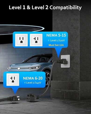 شاحن EV من المستوى 2 والمستوى 1 لشحن الهاتف المحمول Tesla، 16 أمبير، معتمد من ETL مع كابل تمديد بطول 25 قدمًا، موصل NACS، محول NEMA 6-20P إلى 5-15P، شاحن EV للسيارة الكهربائية لطراز Tesla Y/X/3/S in Kuwait