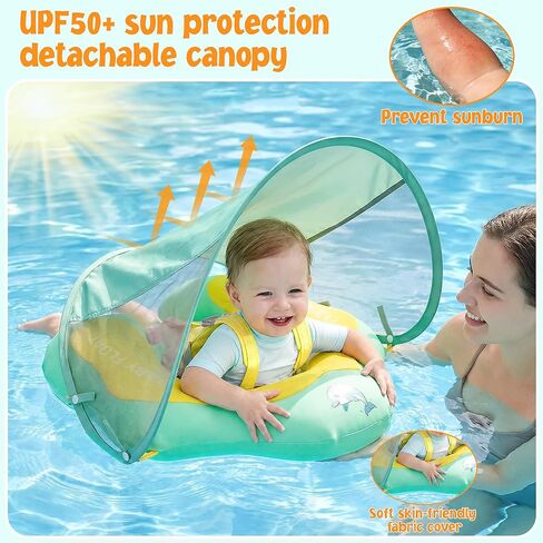 Baby Pool Float with Canopy UPF50+ Sun Protection, Soft Fabric-Covered Inflatable Baby Float, No Flip Over Infant Swim Float for Baby 6-36 Months, Skin Protect Toddler Pool Floaties for Boys and Girls in Kuwait
