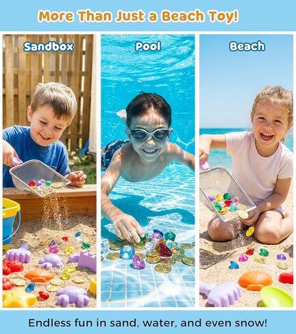 Eicaus 46 قطعة من ألعاب رمل الشاطئ للأطفال الصغار، دلاء رمل قابلة للطي ومجموعة حقائب شبكية مع مناخل معدنية شديدة التحمل، أحجار كريمة للبحث عن الكنز، قوالب القلعة، ألعاب رمل للسفر للأولاد والبنات in Kuwait