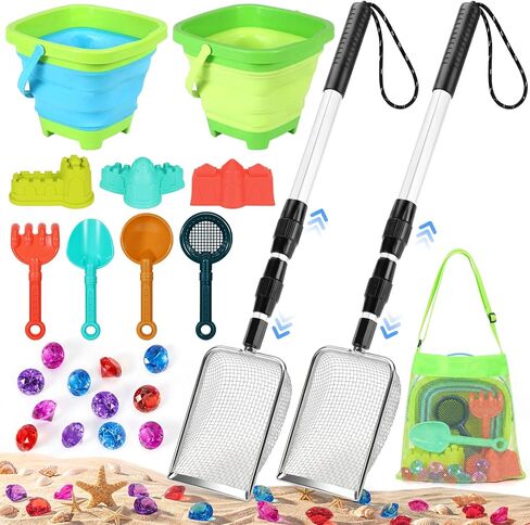 Beach Sand Toys Set with 2 PCS Adjustable Shark Tooth Sifter, Collapsible Beach Bucket,Sandbox Shovels,Sand Castle Kit,Diving Gem,Seashell Bags,Sand Sifter Shell Scooper Beach Essentials for kids 3-12 in Kuwait