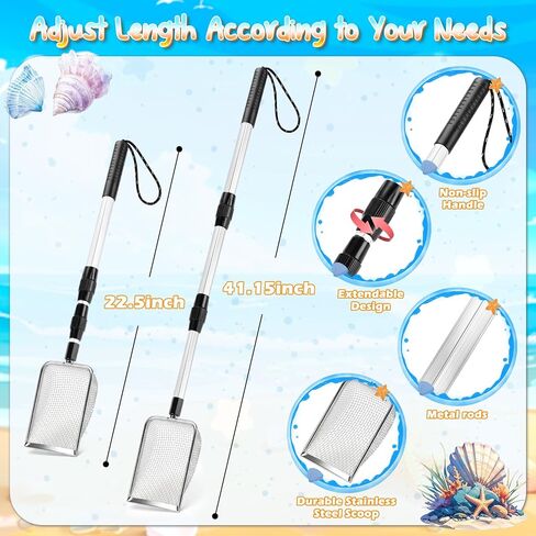 Beach Sand Toys Set with 2 PCS Adjustable Shark Tooth Sifter, Collapsible Beach Bucket,Sandbox Shovels,Sand Castle Kit,Diving Gem,Seashell Bags,Sand Sifter Shell Scooper Beach Essentials for kids 3-12 in Kuwait