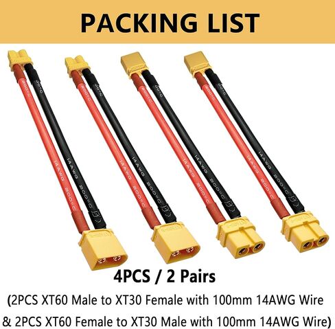 XT30 to XT60 Plug RC Male Female Connector Adapter with 14AWG 100mm Silicone Wire for RC FPV Drone Car Lipo NiMH Battery Charger ESC (4PCS) in Kuwait