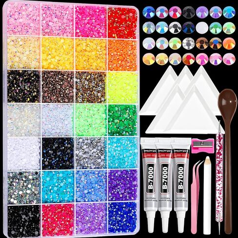 مجموعة Teenitor Bedazzling Kit المكونة من 28 لونًا من أحجار الراين، 30000 قطعة من أحجار الراين المسطحة للأحجار الكريمة المبهرة مع 3 قطع B7000 غراء المجوهرات وأدوات حجر الراين الراتنج لفن الأظافر والحرف الفنية الماسية DIY in Kuwait
