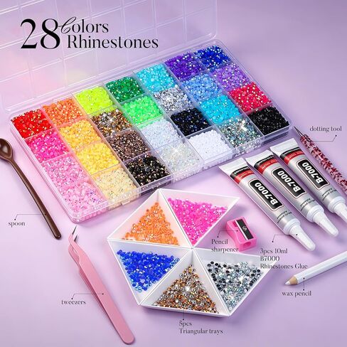 مجموعة Teenitor Bedazzling Kit المكونة من 28 لونًا من أحجار الراين، 30000 قطعة من أحجار الراين المسطحة للأحجار الكريمة المبهرة مع 3 قطع B7000 غراء المجوهرات وأدوات حجر الراين الراتنج لفن الأظافر والحرف الفنية الماسية DIY in Kuwait