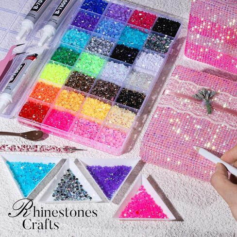 مجموعة Teenitor Bedazzling Kit المكونة من 28 لونًا من أحجار الراين، 30000 قطعة من أحجار الراين المسطحة للأحجار الكريمة المبهرة مع 3 قطع B7000 غراء المجوهرات وأدوات حجر الراين الراتنج لفن الأظافر والحرف الفنية الماسية DIY in Kuwait