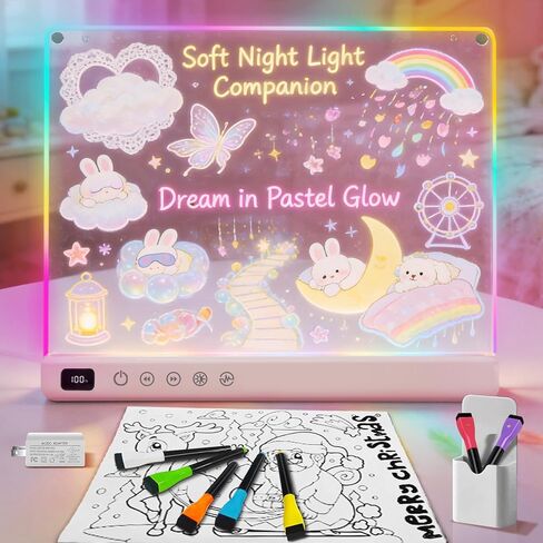 لوحة رسم LED قابلة لإعادة الشحن للأطفال، لوحة رسم مضيئة مع 8 ألوان و6 أوضاع، لوحة مسح جافة LED مع حامل مدمج، 7 علامات وكتاب تتبع، هدايا لهدايا عيد الميلاد (وردي) in Kuwait