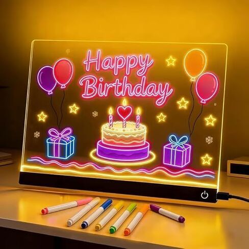 ضوء لوحة ملاحظات LED، لوحة رسائل أكريليك لوحة رسم LED، ضوء أبيض دافئ مع 7 أقلام ألوان، مسح قابل للتعديل، هدية عيد ميلاد، ديكور للحفلات (حجم صغير: 5.91 بوصة * 5.91 بوصة) in Kuwait