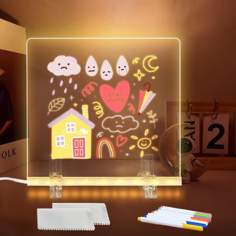 ضوء لوحة ملاحظات LED، لوحة رسائل أكريليك لوحة رسم LED، ضوء أبيض دافئ مع 7 أقلام ألوان، مسح قابل للتعديل، هدية عيد ميلاد، ديكور للحفلات (حجم صغير: 5.91 بوصة * 5.91 بوصة) in Kuwait