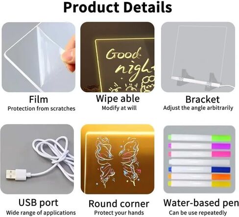 ضوء لوحة ملاحظات LED، لوحة رسائل أكريليك لوحة رسم LED، ضوء أبيض دافئ مع 7 أقلام ألوان، مسح قابل للتعديل، هدية عيد ميلاد، ديكور للحفلات (حجم صغير: 5.91 بوصة * 5.91 بوصة) in Kuwait