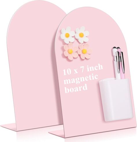 Redbaker 2 Pcs Magnetic Bulletin Board for Tabletops with 8 Flower Magnets 2 Magnetic Pen Holder 2 Pen 10 x 7 Inch Memo Display Easel Stand for Home Office School Kitchen Table Supplies (White) in Kuwait