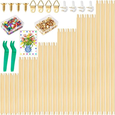 12 Pcs Needlepoint Stretcher Bars 3 Sizes for Needlework with 200 Thumb Tacks 1 Tacks Remover Wooden Canvas Stretcher Bars for Embroidery Stitch Frame Set Bundle with Crafts in Kuwait