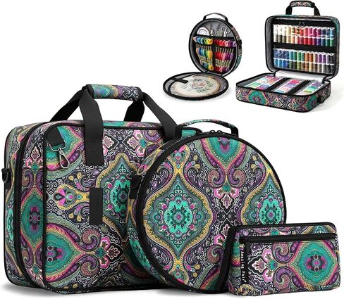 3-in-1 Modular Embroidery Project Bag, Detachable 12 inch Hoop Carrying Case with Accessory Pouch, Water-Resistant Travel Organizer for Stitching Threads and Tools, Paisley in Kuwait