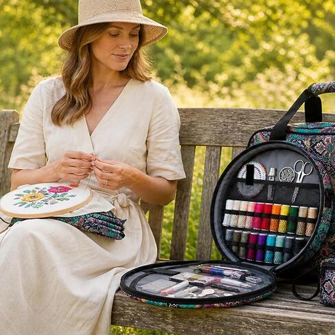 3-in-1 Modular Embroidery Project Bag, Detachable 12 inch Hoop Carrying Case with Accessory Pouch, Water-Resistant Travel Organizer for Stitching Threads and Tools, Paisley in Kuwait