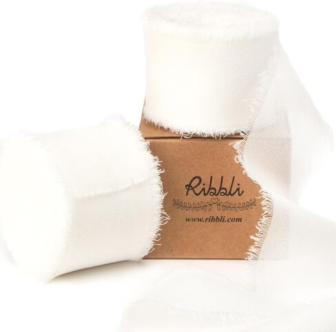 Ribbli White Chiffon Ribbon 1-1/2 inch x 20 Yard Handmade Fringe Chiffon Silk Ribbon, White Ribbon for Wedding Invitations, Bridal Bouquets Wrapping, Flower Arrangement Decoration in Saudi Arabia
