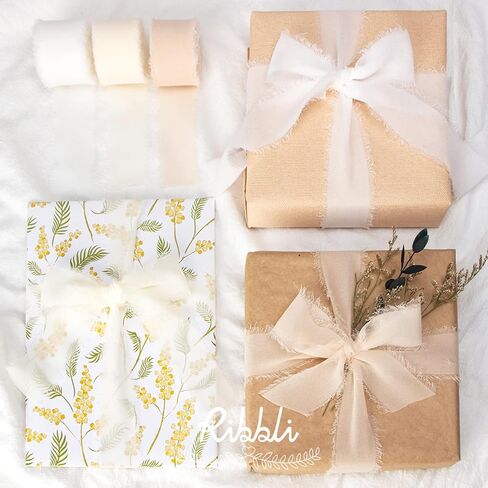 Ribbli White Chiffon Ribbon 1-1/2 inch x 20 Yard Handmade Fringe Chiffon Silk Ribbon, White Ribbon for Wedding Invitations, Bridal Bouquets Wrapping, Flower Arrangement Decoration in Saudi Arabia