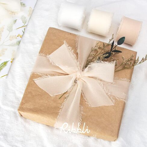 Ribbli White Chiffon Ribbon 1-1/2 inch x 20 Yard Handmade Fringe Chiffon Silk Ribbon, White Ribbon for Wedding Invitations, Bridal Bouquets Wrapping, Flower Arrangement Decoration in Saudi Arabia