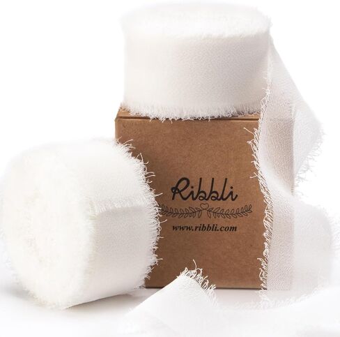 Ribbli White Chiffon Ribbon 1-1/2 inch x 20 Yard Handmade Fringe Chiffon Silk Ribbon, White Ribbon for Wedding Invitations, Bridal Bouquets Wrapping, Flower Arrangement Decoration in Saudi Arabia