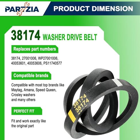 38174 Washer Drive Belt - Compatible with Amana Maytag Speed Queen Washers - Replaces 27001006 WP27001006, 40053601, 40053606, PS11740577 Washer Spin and Agitate Belt in Kuwait