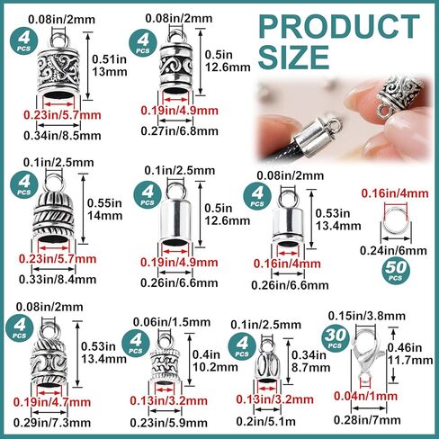 112pcs Tibetan Style Cord End Caps, Silver Metal End Caps with Lobster Claps & Jump Rings, Antique Crimp Beads Supplies for Bracelet Necklace Jewelry Making- 8 Styles in Kuwait