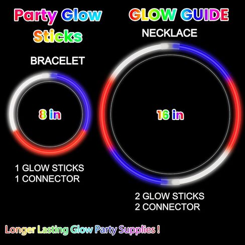 Glow Sticks Bulk 4th of July Party Favors 50 Pack 8" Red White Blue Glow in the Dark Party Supplies Neon Party Decorations Glow Necklaces Bracelets for Kids Adults Patriotic Fourth of July Accessories in Kuwait
