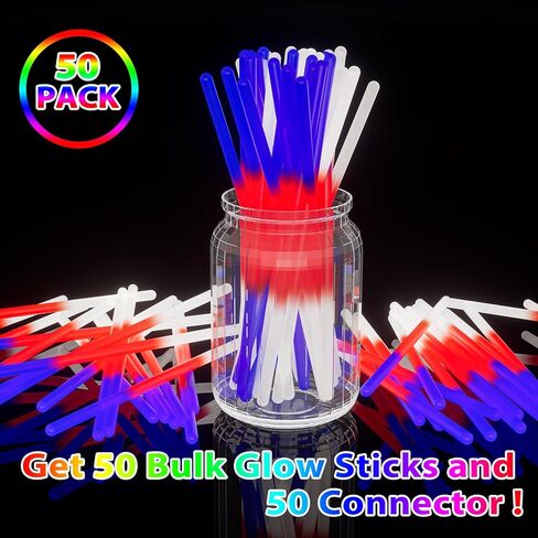 Glow Sticks Bulk 4th of July Party Favors 50 Pack 8" Red White Blue Glow in the Dark Party Supplies Neon Party Decorations Glow Necklaces Bracelets for Kids Adults Patriotic Fourth of July Accessories in Kuwait