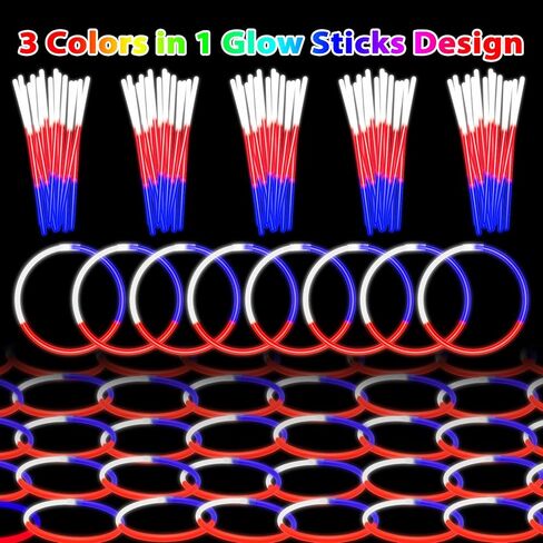 Glow Sticks Bulk 4th of July Party Favors 50 Pack 8" Red White Blue Glow in the Dark Party Supplies Neon Party Decorations Glow Necklaces Bracelets for Kids Adults Patriotic Fourth of July Accessories in Kuwait