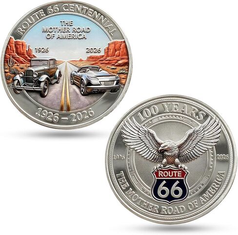 Route 66 Centennial Commemorative Coin (1926-2026) - 100th Anniversary The Mother Road Challenge Coin, 3D Engraved Souvenir Medallion with Eagle & Classic Cars, Collectible Travel Gift for Men in Kuwait