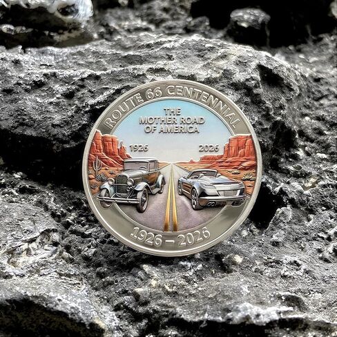 Route 66 Centennial Commemorative Coin (1926-2026) - 100th Anniversary The Mother Road Challenge Coin, 3D Engraved Souvenir Medallion with Eagle & Classic Cars, Collectible Travel Gift for Men in Kuwait