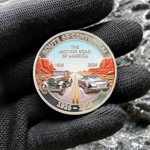 Route 66 Centennial Commemorative Coin (1926-2026) - 100th Anniversary The Mother Road Challenge Coin, 3D Engraved Souvenir Medallion with Eagle & Classic Cars, Collectible Travel Gift for Men in Kuwait
