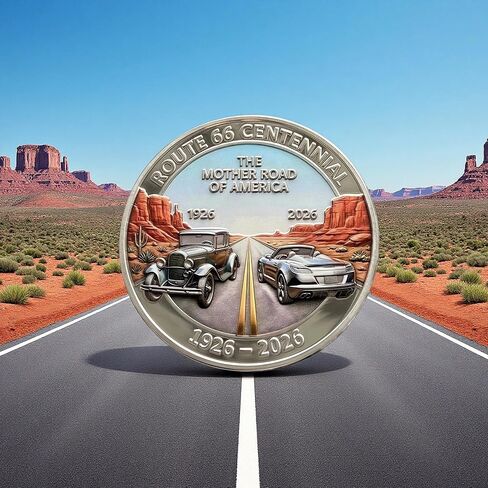 Route 66 Centennial Commemorative Coin (1926-2026) - 100th Anniversary The Mother Road Challenge Coin, 3D Engraved Souvenir Medallion with Eagle & Classic Cars, Collectible Travel Gift for Men in Kuwait