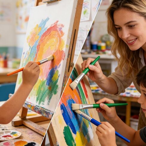 مجموعة فرش طلاء للأطفال مكونة من 54 قطعة، تتضمن 27 فرشاة مسطحة و27 فرشاة مستديرة، مثالية للأكريليك والألوان المائية والغواش والطلاء القابل للغسل، سهلة الإمساك للفنانين الصغار in Kuwait