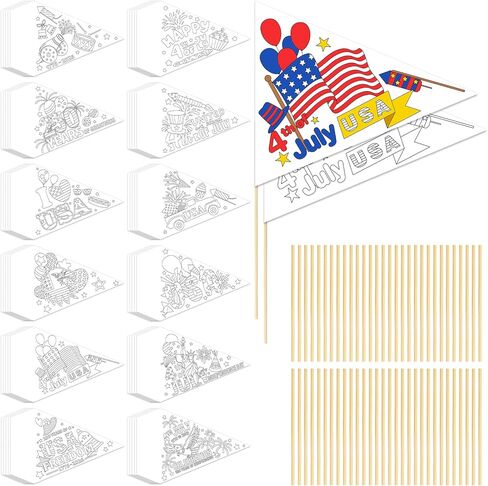 60 Sets 4th of July DIY Coloring Patriotic Pennant Flags Bulk 250th Anniversary 1776-2026 USA Independence Day Crafts with Sticks Patriotic Triangle Flags for Parades Home Arts Activities in Kuwait