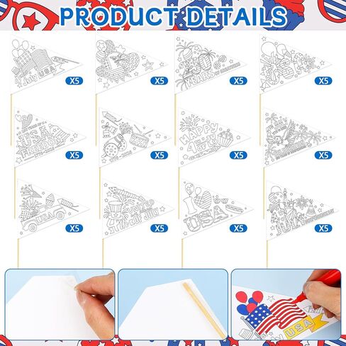 60 Sets 4th of July DIY Coloring Patriotic Pennant Flags Bulk 250th Anniversary 1776-2026 USA Independence Day Crafts with Sticks Patriotic Triangle Flags for Parades Home Arts Activities in Kuwait