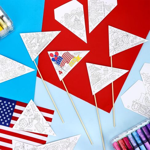 60 Sets 4th of July DIY Coloring Patriotic Pennant Flags Bulk 250th Anniversary 1776-2026 USA Independence Day Crafts with Sticks Patriotic Triangle Flags for Parades Home Arts Activities in Kuwait