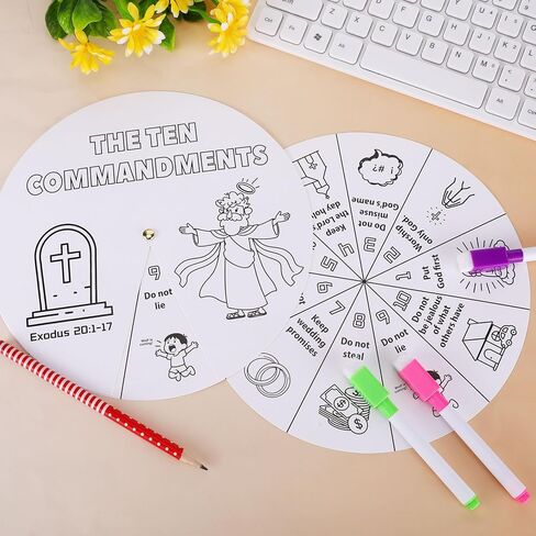 Lihaohaoxi Ten Commandments Coloring Craft - 24 مجموعة من الحرف اليدوية المسيحية لتلوين مجموعة عجلة الفن الديني الخاصة بك، 10 وصايا بطاقات فنية DIY لمستلزمات VBS in Kuwait