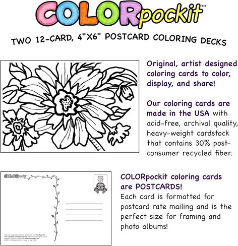 COLORpockit 4x6 Postcard Coloring Book Card Decks with Round & Round and Floral Fun. Refills for COLORpockit Complete Portable Coloring kit. Contains Two 12-Card Coloring Decks. in Kuwait