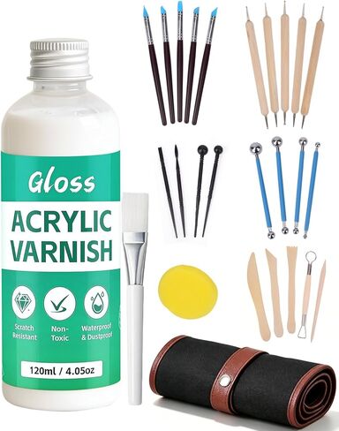 27 Pcs Air Dry Clay Kit with Clay Glaze - 120ml Gloss Varnish, Rollup Storage Bag, Professional Clay Sculpting Tools Set, Complete Pottery Kit for Beginners Adults Kids in Kuwait