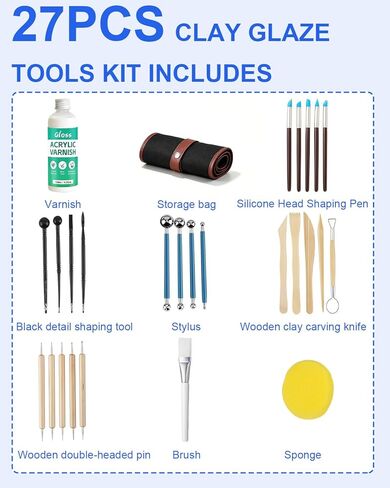 27 Pcs Air Dry Clay Kit with Clay Glaze - 120ml Gloss Varnish, Rollup Storage Bag, Professional Clay Sculpting Tools Set, Complete Pottery Kit for Beginners Adults Kids in Kuwait