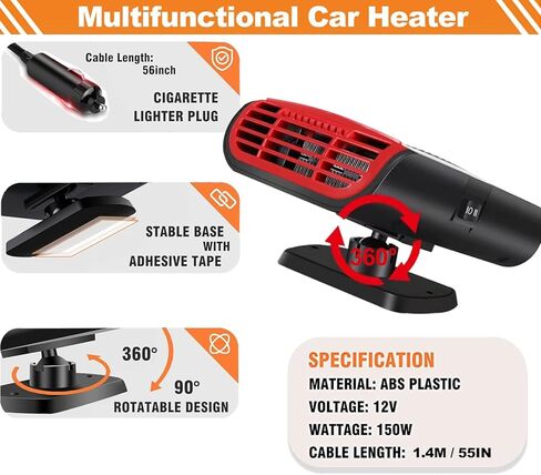 12V Portable Car Heater & Defroster, 3-in-1 Multi-Function Windshield Heater with Fast Heating, Defrost & Defog | 360° Adjustable Plug In Auto Heater for Vehicle, SUV, RV, Truck in Kuwait