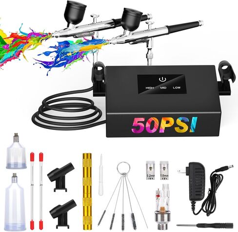 Airbrush Kit with Air Compressor, 50 PSI Clog-Resistant Air Brush Set, Dual Action Airbrush Gun with 3 Nozzles, Cleaning Kit for Painting, Models, Nails, Makeup, Cake Decorating in Kuwait