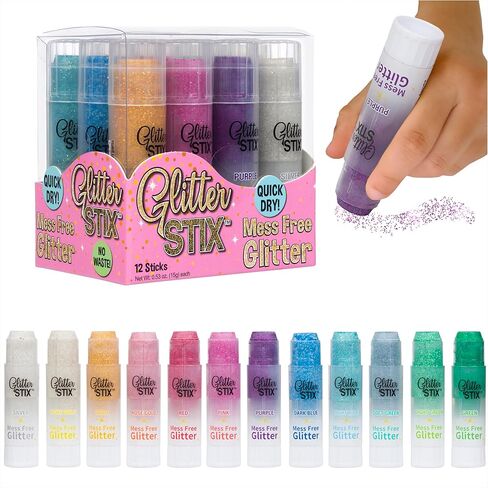 Glitter Stix Mess-Free Glitter Sticks, Set of 12 Colors - Solid Shimmer Topcoat for Coloring Pages, Crafts & Art Projects, No Loose Glitter or Glue, Pairs with Kwik Stix Paint Sticks for Kids in Kuwait