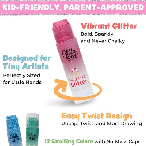 Glitter Stix Mess-Free Glitter Sticks, Set of 12 Colors - Solid Shimmer Topcoat for Coloring Pages, Crafts & Art Projects, No Loose Glitter or Glue, Pairs with Kwik Stix Paint Sticks for Kids in Kuwait