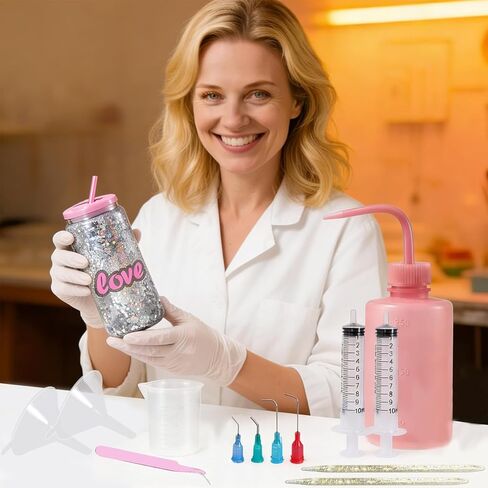 Matio Snow Globe Tumbler Supplies, 13 Pcs Snowglobe Tumbler Accessories Kit with Large Funnels, Squeeze Bottle, Syringes, Tweezers, Starter Kit Tool for DIY Glitter Snow Globe Tumbler Craft Cup Making in Kuwait
