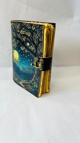 Handmade Vintage Leather Journal with Deckle Edge Unlined Pages, Moon Forest Cover, Brass C Lock, 7x5 Inch, 200 Pages in Kuwait