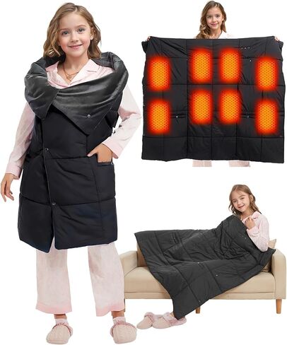 Kids Heated Blanket Battery Powered - 52x43 in Portable Wireless Cordless Throw Electric Rechargeable Heating Blanket, Upgraded 7.4V Battery Pack Heating Element (Black) in Kuwait