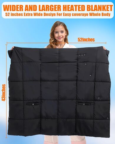 Kids Heated Blanket Battery Powered - 52x43 in Portable Wireless Cordless Throw Electric Rechargeable Heating Blanket, Upgraded 7.4V Battery Pack Heating Element (Black) in Kuwait
