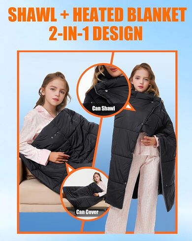 Kids Heated Blanket Battery Powered - 52x43 in Portable Wireless Cordless Throw Electric Rechargeable Heating Blanket, Upgraded 7.4V Battery Pack Heating Element (Black) in Kuwait