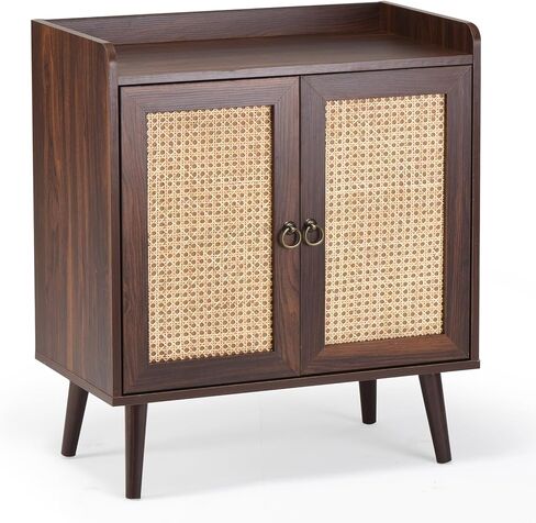 Sideboard Buffet Cabinet with Rattan Decorated Doors, Vintage Storage Cabinet for Dining Room, Living Room and Hallway, Wooden Side Cabinet with Spacious Drawers and Open Shelves in Kuwait